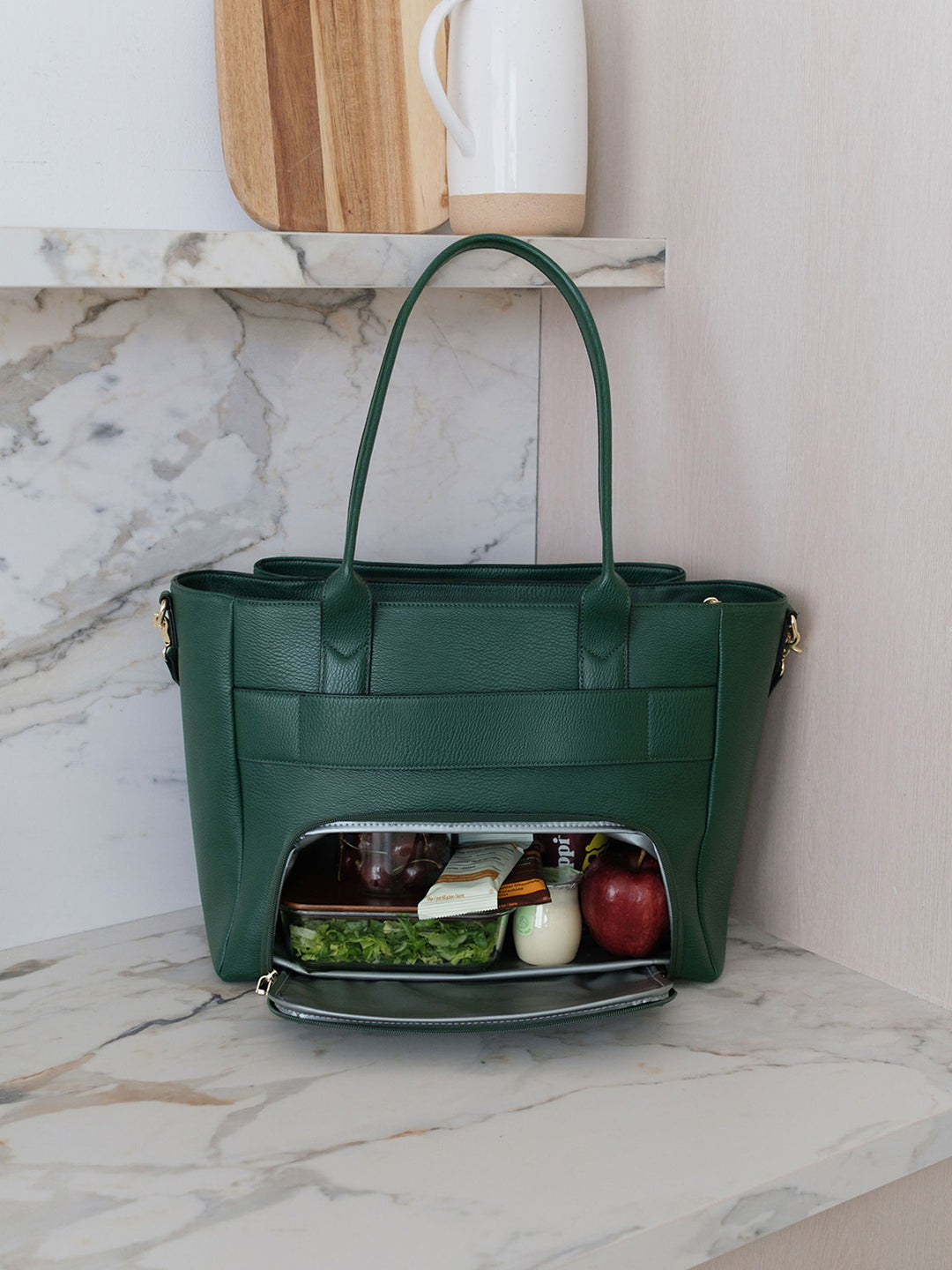 Poppy & Peonies Double Duty Tote in Heritage Green showcasing the insulated lunch compartment with lunch and snacks.