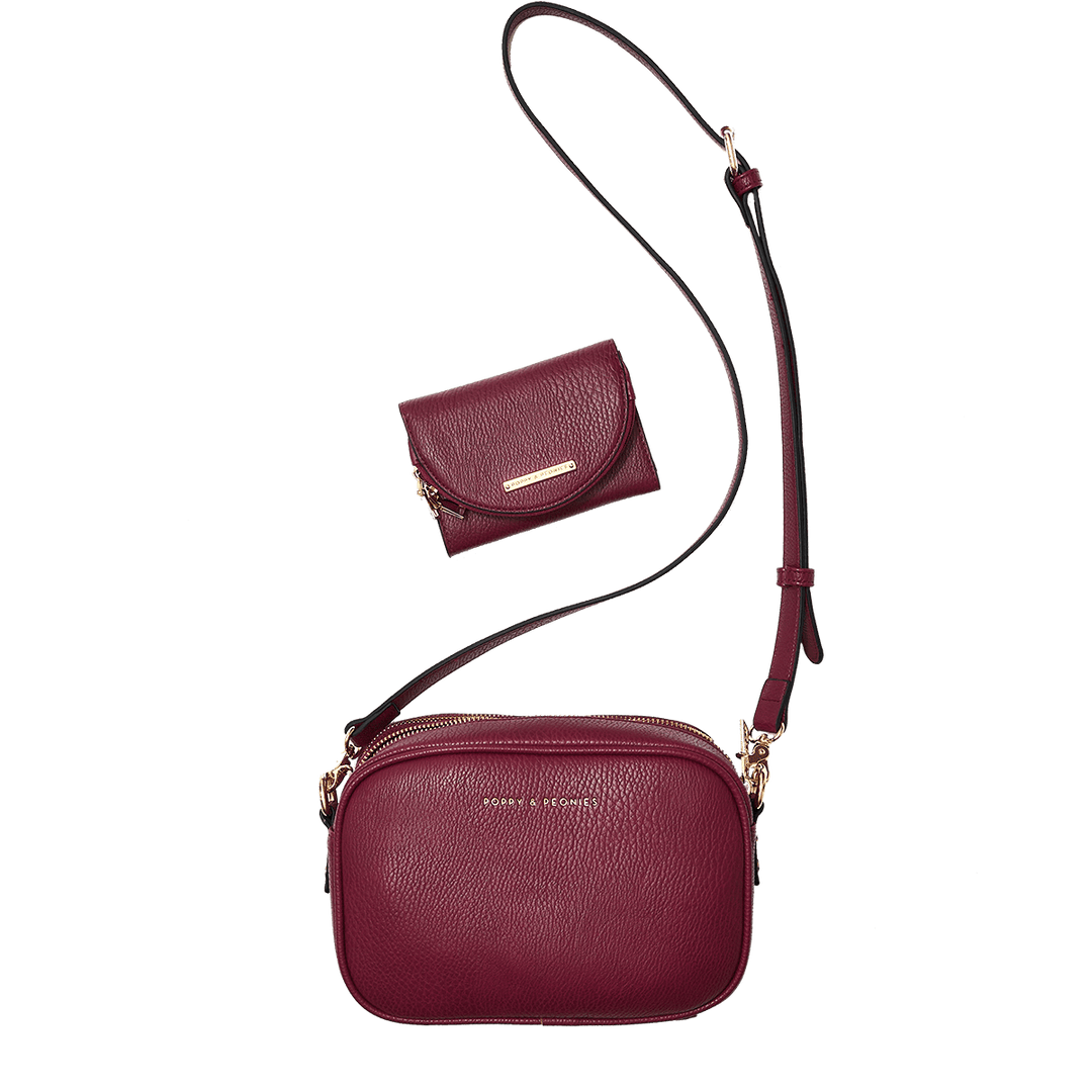 Berry coloured vegan leather handbag with a matching wallet