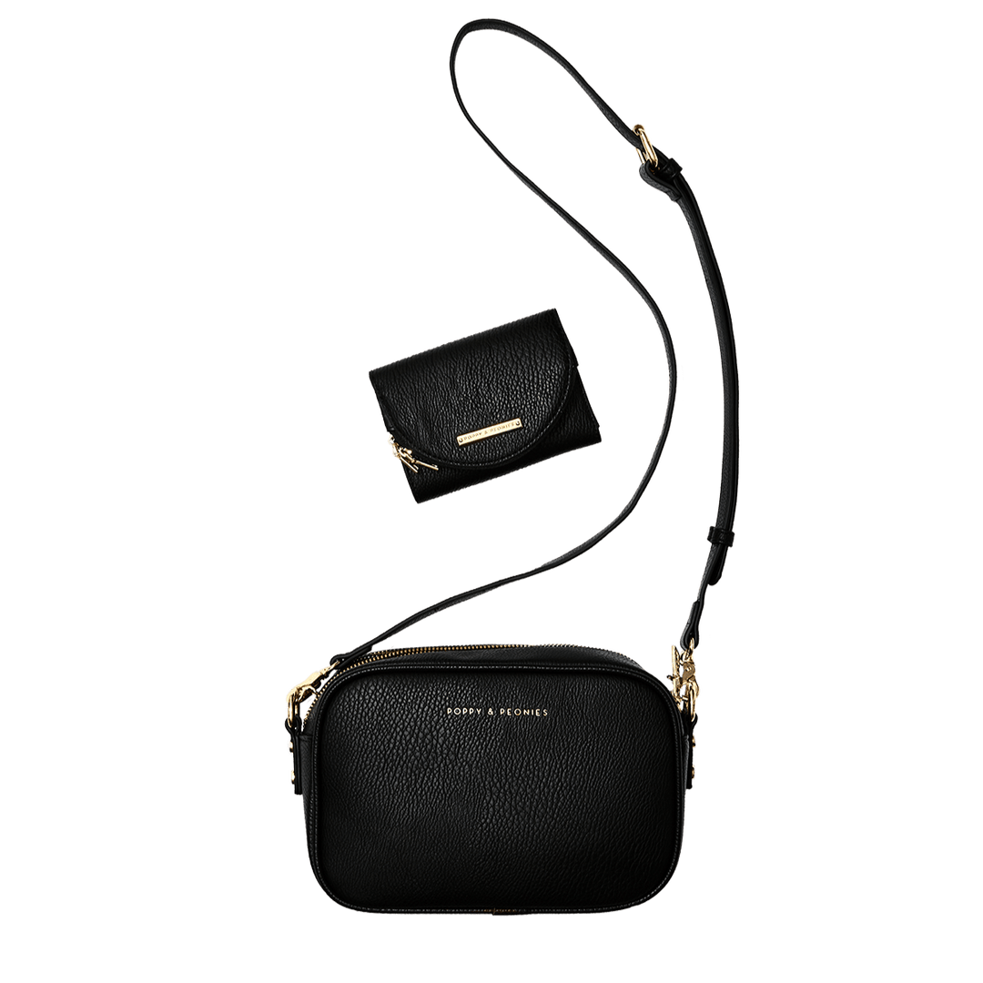 Black vegan leather crossbody bag with a matching wallet