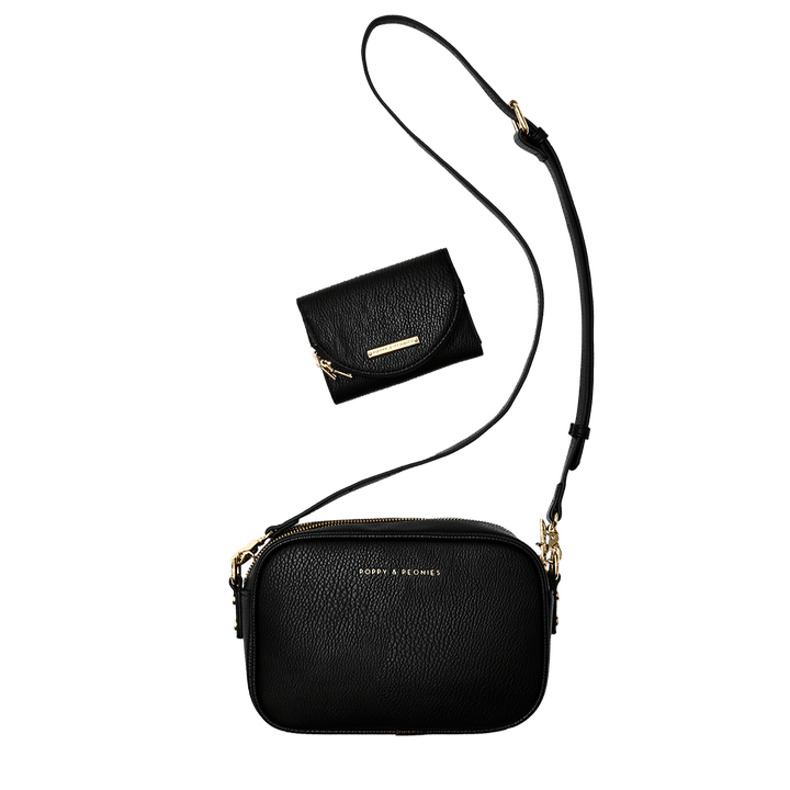 Black vegan leather crossbody bag with a matching wallet