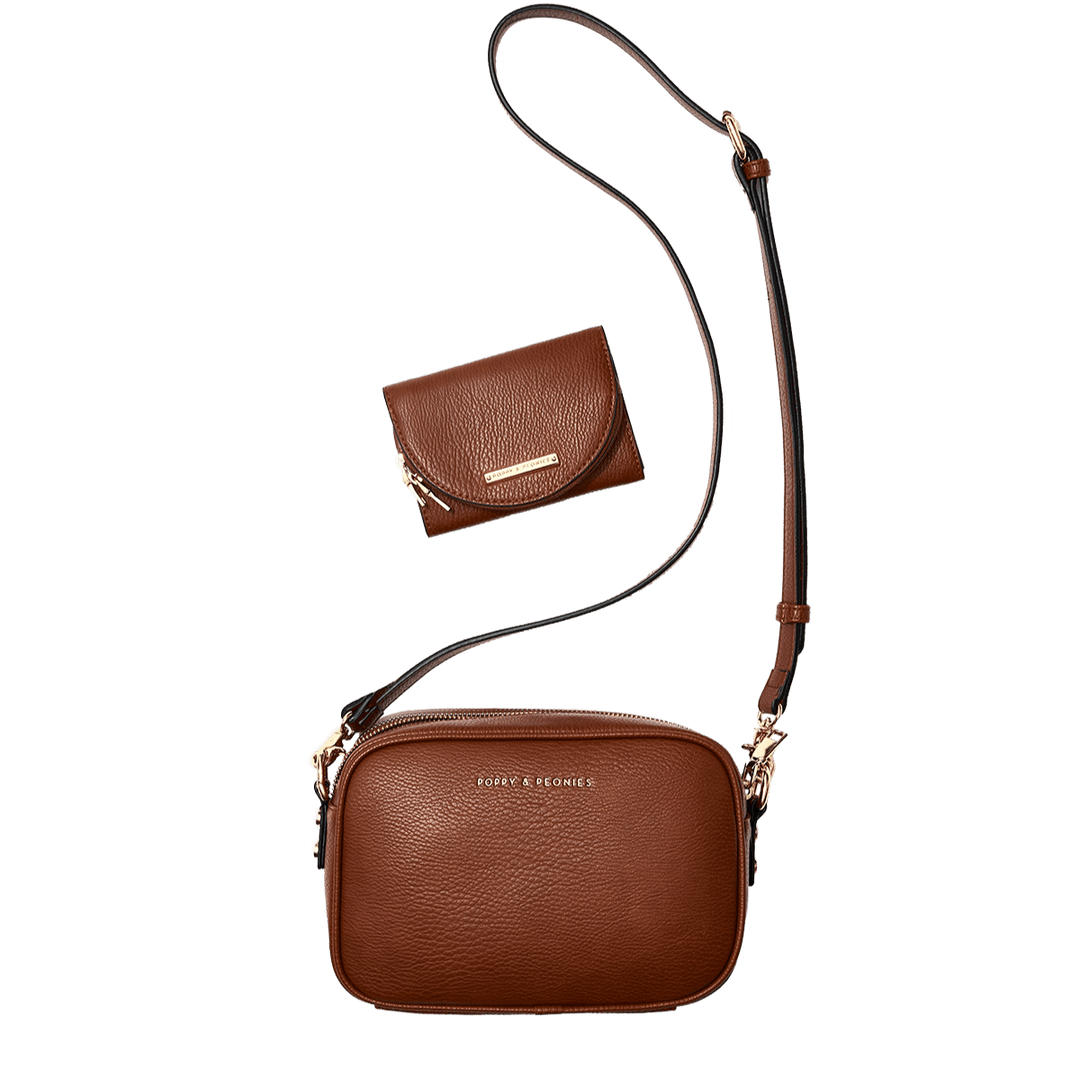 Brown vegan leather crossbody bag with matching wallet