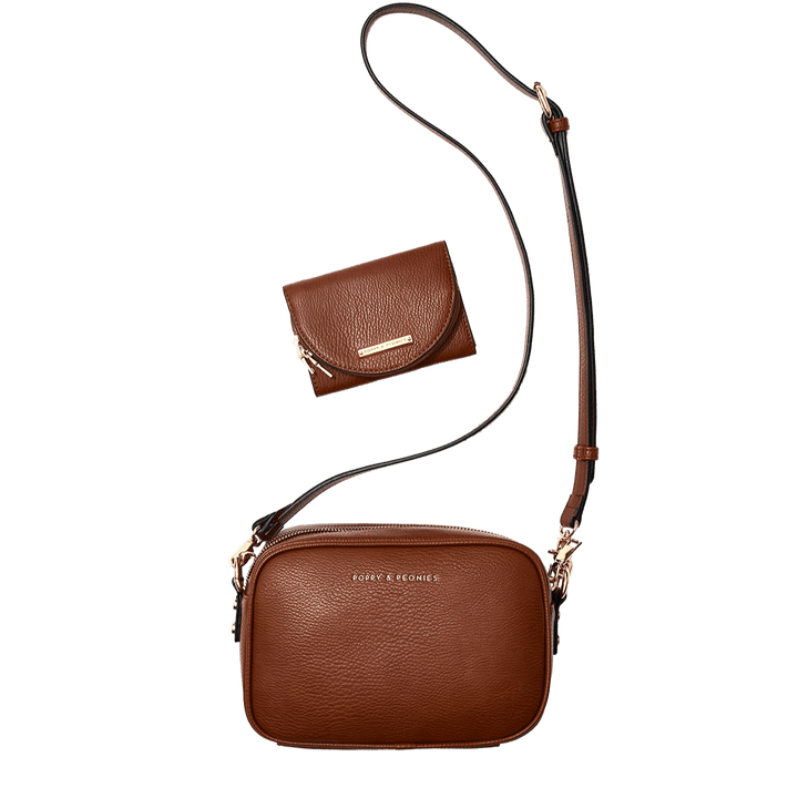 Brown vegan leather crossbody bag with matching wallet