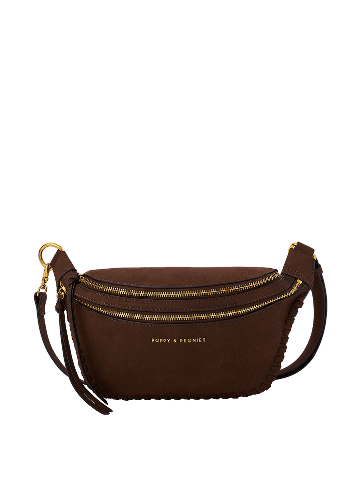 The Desert Crossbody Espresso Suede with adjustable crossbody strap