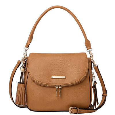 Front of a camel coloured Poppy and Peonies bag