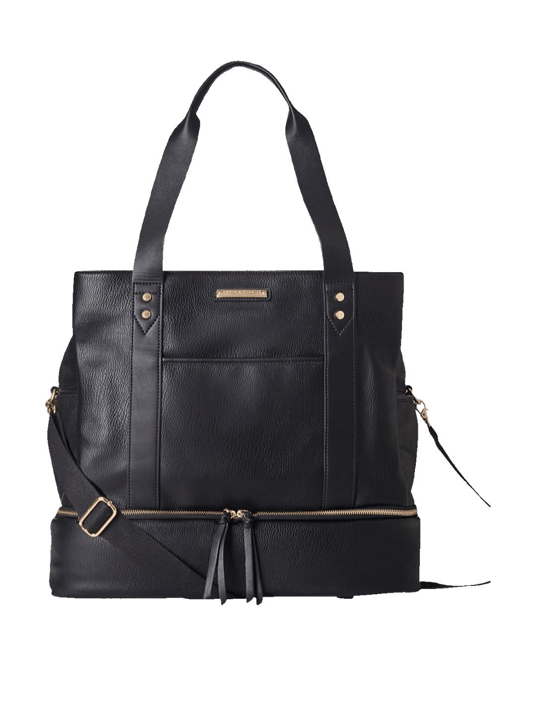 Black vegan leather handbag with gold hardware