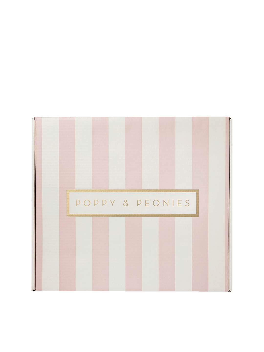 Striped box with 'Poppy & Peonies' branding