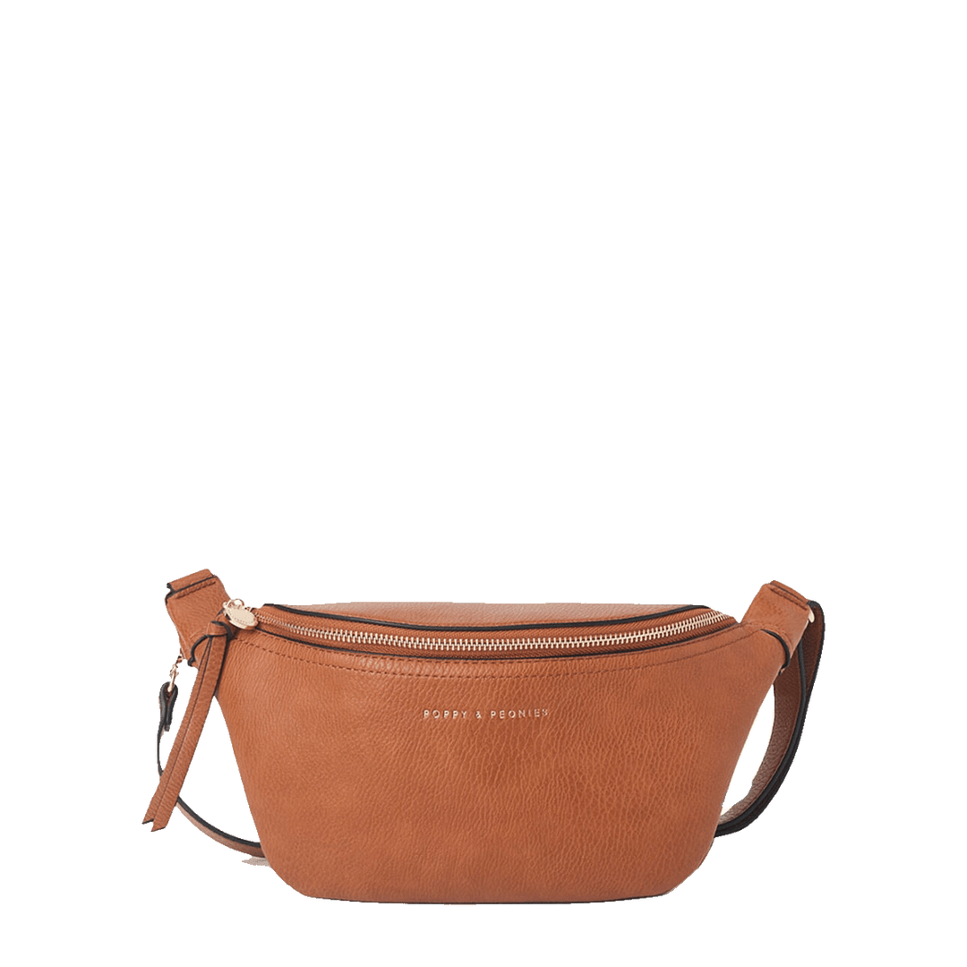 Brown vegan leather crossbody bag with a gold zipper