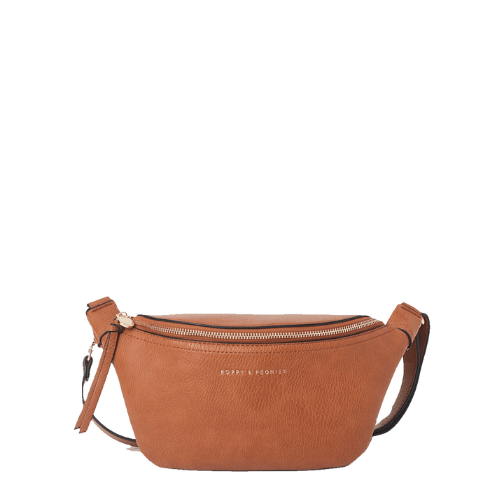Brown vegan leather crossbody bag with a gold zipper